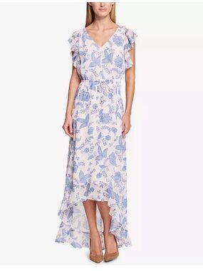 Tommy Hilfiger Floral V-Neck Ruffle Maxi Dress in Light Pink & Blue